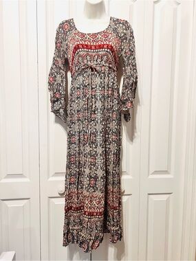 J.Gee Bell Sleeve Bohemian Red & Navy Printed Maxi Dress